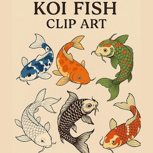 10 Japanese Koi Fish Clipart Bundle, Watercolor Koi Clip Art PNG, Oriental Pond Fish Digital Download, Japanese Art, Commercial Use