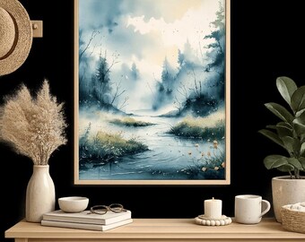 Misty Forest Wall Art | Serene Stream Watercolor Print