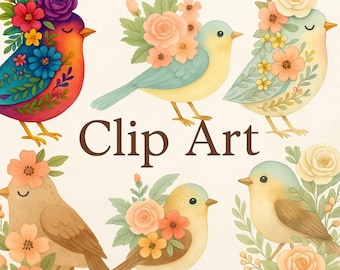 Watercolor Floral Bird ClipArt: Spring Botanical PNG Bundle (Digital Download, Commercial Use)