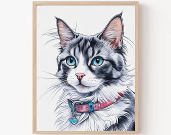 Custom Cat Line Art Portrait: Personalized Pet Memorial (Digital Download)