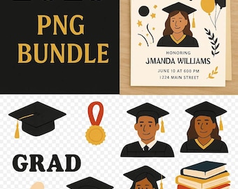 Afstuderen clipartbundel – 2025 png-afbeeldingen met pet en diploma voor ambachten, (directe download)