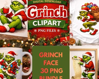 Grinch Face PNG Clipart Bundle | 30 Christmas Graphics (Digital Download)