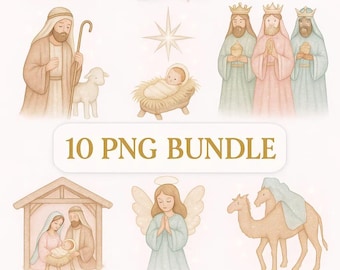 Paquete de imágenes prediseñadas de la Natividad: imágenes PNG de Nochebuena con el Niño Jesús, María y José para manualidades.