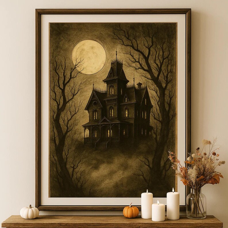 Halloween Prints Spooky Wall Art Set: Retro Haunted House, Ghost ...