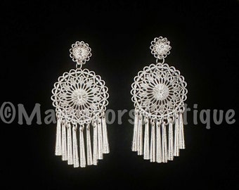 Handmade Hmong Silver Money2 Large Circle with Dangles on Silver Money2 Flower Stud Earrings