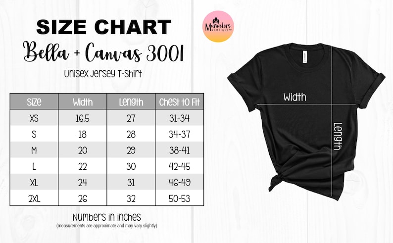 May include: Size chart for Bella + Canvas 3001 unisex jersey t-shirt. The chart shows measurements in inches for width, length, and chest to fit for sizes XS to 2XL.