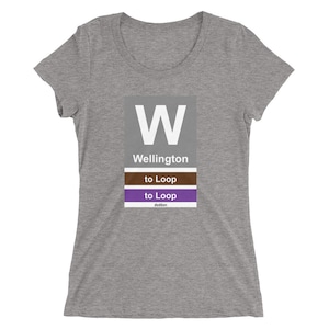 May include: Gray women's t-shirt with a white graphic of a Chicago Transit Authority 'L' train station sign. The sign reads 'W Wellington to Loop station'.