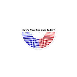 May include: A sticker with a blue and red semicircle graphic representing a vote. The text "How'd Your Rep Vote Today?" is above the graphic.