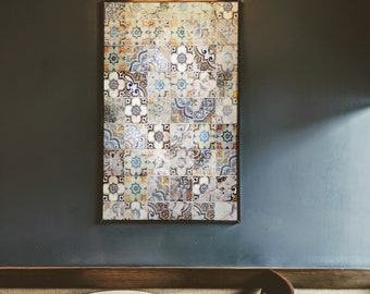 Moroccan Tile art, Spanish Tiles, Square Prints, Blue and Cream Pattern Tile, Cement Tile Art Christmas gift, Black Friday Sale