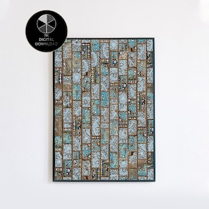 May include: A digital download of a printable art print featuring a mosaic of blue and brown tiles with intricate floral patterns.