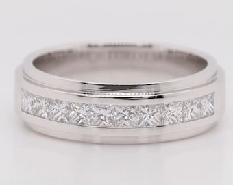 Channel Set Wedding Band, 14k White Gold, Princess Cut Moissanite Diamond Band, Half Eternity Band, Stacking Wedding Band, Gift for Him.