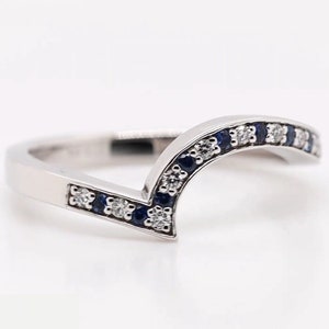 2mm Half Eternity Round Blue Sapphire Wedding Band Ring Alternating Simulated Diamond 925 Sterling Silver Art Deco Engagement Bandq