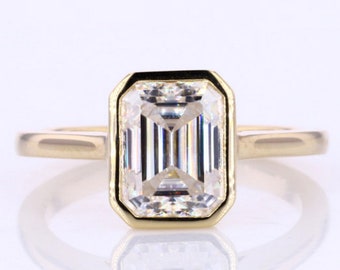 2.00 CT Emerald Cut Moissanite Ring, Bezel Set Emerald Solitaire Ring, Engagement Ring, Wedding Ring, Knife Edge Band, 10k/14k/18k Gold Ring
