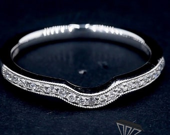 Round Cut Curved Moissanite Wedding Band 14K White Gold Milgrain Band Vintage Curved Matching Band Women Stackable Chevron Ring Gift for Her