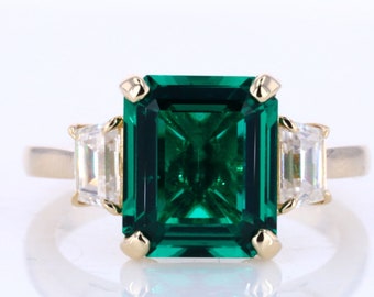 Emerald Cut Green Sapphire Diamond Engagement Ring, Trapezoid Colorless Moissanite Diamond , Three Stone Ring, Wedding Ring, Solitaire Ring