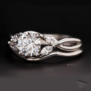 Round Moissanite Engagement Ring Set, Vintage Moissanite Ring, 14K Gold Side Stone Marquise Moissanite Bridal Set,Unique Round Pave Ring Set