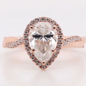Forever one Moissanite engagement ring Pear shaped Rose gold Halo Unique Vintage ring for women Twisted diamond wedding Bridal Promise gift