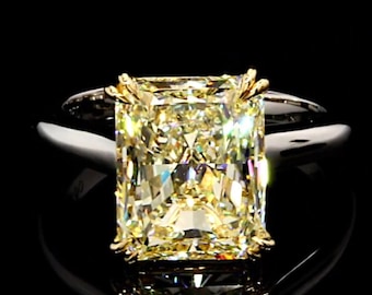 5.15 CT Radiant Crushed Ice Canary Yellow Moissanite Ring, Solitaire Engagement Ring, Two Tone Gold Wedding Ring, Claw Prongs, Promise Ring,