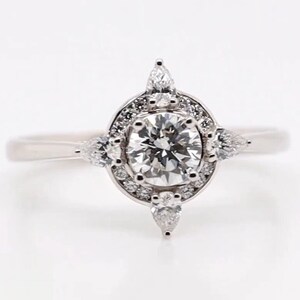 Cluster Halo Engagement Ring, Moissanite Round Cut Colorless Wedding Ring With Side Pear & Round Moissanite Milgrain Anniversary Ring