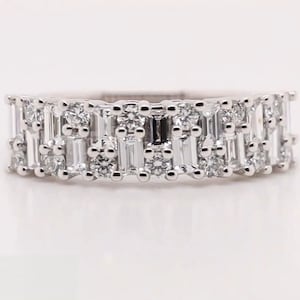 Baguette & Round Cut Moissanite Diamond Wedding Band, Double Row Half Eternity Zigzag Stacking Ring, Art Deco Anniversary Band Gift for Her
