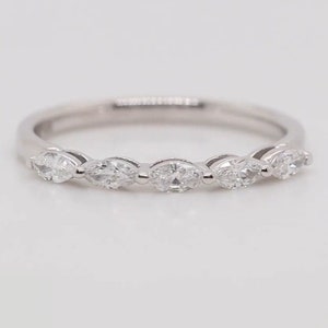 Marquise Diamond Moissanite Wedding Band, East West Marquise Cut Half Eternity Solitaire Band, 14K White Gold Bubble Prong Set Wedding Band