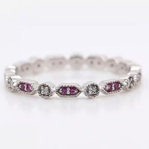 Round Cut Marquise Shape Purple Sapphire Wedding Band,Infinite Eternity Wedding Band,Round Cut Colorless Moissanite Band, Milgrain Band
