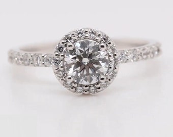 1.00 CT Halo Engagement Ring Round Cut In 14k White Gold, Halo Ring, White Gold Halo Ring, Moissanite Ring, Halo Moissanite Engagement Ring