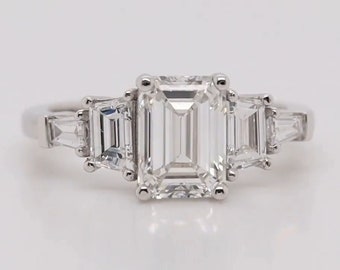 Three Stone Engagement Ring, 2 CT Emerald and  With Half Moon And Tapered Baguette Colorless Moissanite Ring, Wedding Ring, Anniversary Gift