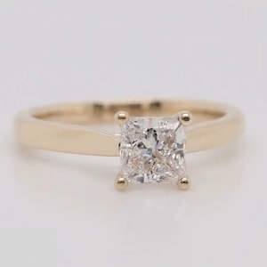 Delicate Ring 5mm Princess Cut Moissanite Ring Plain Yellow Gold Band Solitaire Engagement Ring Minimalist Ring 14K Gold Bridal Wedding Ring