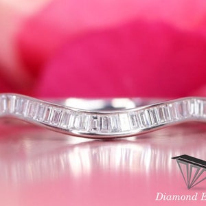 Wave Channel Set Baguette Diamond Half Eternity Wedding Ring,Curved Wedding Ring,14k White Gold Diamond Ring, Engagement Ring, Matching Ring