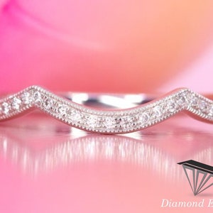 Curved Diamond Wedding Band White Gold V Band Chevron Matching Band Half Eternity Promise Anniversary Ring Stacking Bridal Delicate Dainty