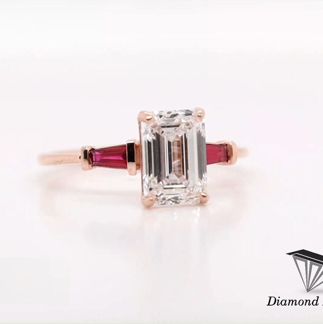 emerald cut Moissanite engagement ring, 14k white gold Moissanite anniversary gift side diamond tapper baguette ruby sapphire diamond ring