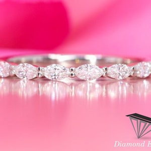 Half eternity wedding band Moissanite wedding band white gold vintage Marquise cut diamond stacking matching Unique Bridal Gift for her
