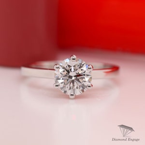 Delicate Ring 5mm Round Cut Moissanite Ring Plain White Gold Band Solitaire Engagement Ring Minimalist Ring 14K Gold Bridal Wedding Ring
