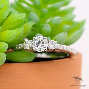 Three Stone Engagement Ring 10K/14k White Gold Bridal, Past Present Future Ring, Moissanite Engagement Ring, Three stone Moissanite Ring