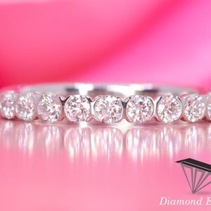 3.50 MM Round Cut Colorless Moissanite Wedding Band, Bezel Set Half Eternity Moissanite Band, Stackable Band, Bridal Ring Set, Anniversary