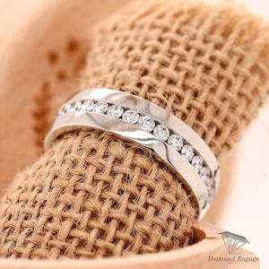 Channel Set Semi Eternity Moissanite Diamond Ring,1.80 mm Round Cut Brushed Finish Men&#39;s Band,14K White Gold Men&#39;s Wedding Band,Gift for Him