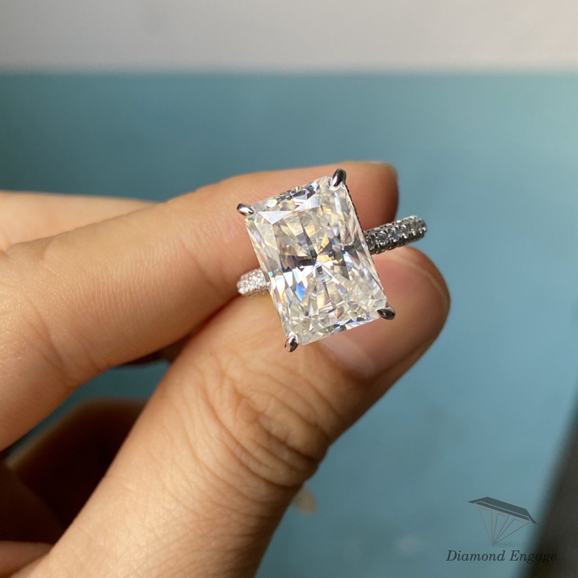 5CT Radiant Cut Moissanite Diamond White Gold Engagement Ring ...
