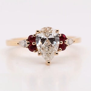 Pear Cut Moissanite Diamond Engagement Ring, 14K Gold Moissanite Solitaire Ring, Red Round Cut Sapphire Diamond Solitaire Moissanite Ring