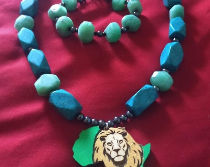 Turquoise Necklace Bracelet Jewelry Set Lion of Judah Rastafari Africa Medallion Gift for Him or Her