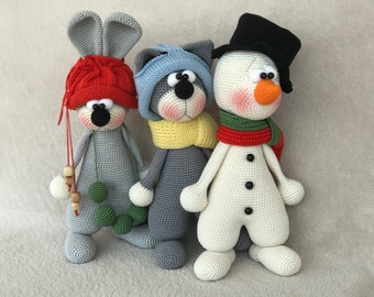 Conjunto navideño de la colección ''BubblysToys'' Patrón de crochet de adornos navideños de BubblysToys Tutorial de amigurumi en PDF Gato Muñeco de Nieve Conejito