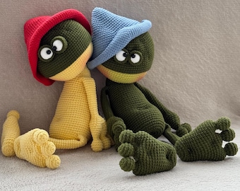 Modello di rana all'uncinetto senza cuciture, amigurumi, rana con cappello, tutorial PDF senza cuciture, 30 cm
