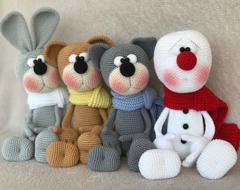 Conjunto navideño de la colección ''BubblysToys'', decoración navideña, patrón de ganchillo de BubblysToys, tutorial de amigurumi en PDF, gato, muñeco de nieve, conejo