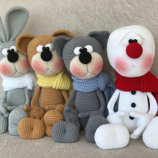 Kerstset uit de ''BubblysToys'' collectie kerstversiering haakpatroon van BubblysToys Amigurumi handleiding PDF kat sneeuwpop konijntje