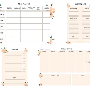 Meal planner, weekly planner, grocery list and to do list printable pack, digital download, PDF