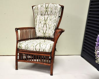 Vintage rotan fauteuils met gebroken witte en groene bekleding