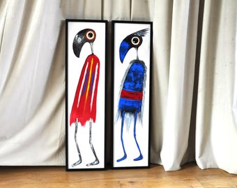 Set di 2 dipinti vintage a tecnica mista con figure in audaci tonalità di rosso e blu.