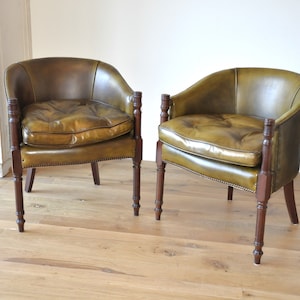 Vintage green leather accent chair with wooden legs, set of two