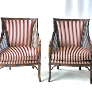 Cadeiras vintage de bambu sintético da Giorgetti com estofamento listrado em branco e vermelho