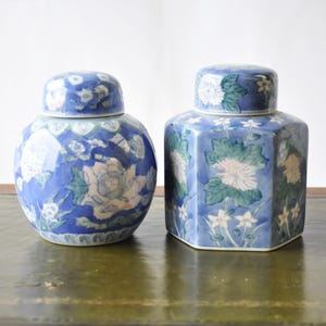 Könnte beinhalten: Zwei blau-weiße Keramikdosen mit Deckeln. Eine Dose ist rund, die andere sechseckig. Beide sind mit Blumenmustern in Weiß, Grün und Gelb verziert. Die Dosen stehen auf einer grünen Oberfläche.